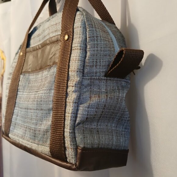 New Modern Crosshatch Saddle Double handle Satchel Purse Shoulder Bag Brown Blue - Picture 4 of 8